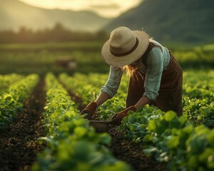 Farmer tending to crops in a lush green field, with farming tools and a peaceful rural backdrop, Serene, Bright, Atmospheric
