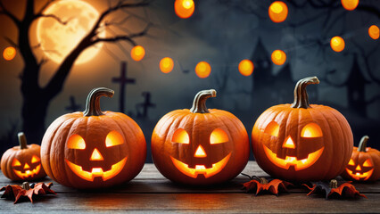 Fototapeta premium Carved pumpkin lanterns shine under the full moon on Halloween