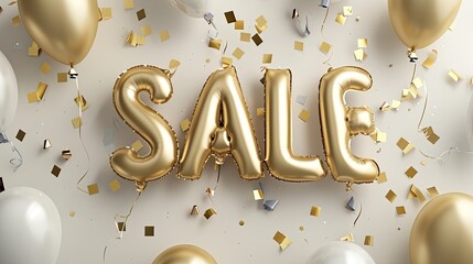 A playful arrangement features large golden foil balloons forming the word sale, surrounded by colorful confetti against a bright white background, perfect for festive promotions