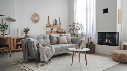 A modern living room with a grey sofa and a woven blanket near a fireplace, a Scandinavian hygge design and features wooden elements, such as the coffee table and the wall-mounted shelves.