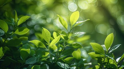 Lush green leaves basking in sunlight, creating a serene and fresh atmosphere ideal for nature, wellness, and environmental content,