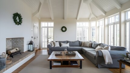 A modern farmhouse living room with a grey cozy corner sofa and a rustic coffee table, a fireplace, a high ceiling room with white walls and a wooden floor.
