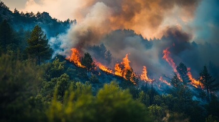 Wildfire in Pine Forest - Intense Flames and Smoke Rising Against Sunset Sky