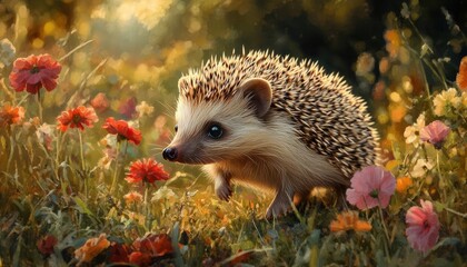 Hedgehog walking through a garden in the early morning light, with soft spines and curious eyes, Serene, Bright, Detailed