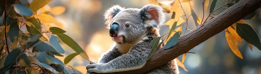 Obraz premium Koala climbing a eucalyptus tree, with a calm and gentle expression, Serene, Bright, Detailed