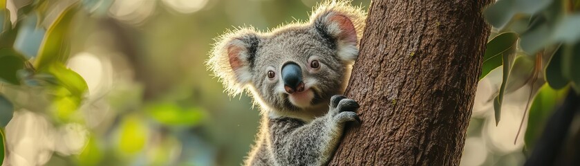 Fototapeta premium Koala climbing a eucalyptus tree, with a calm and gentle expression, Serene, Bright, Detailed