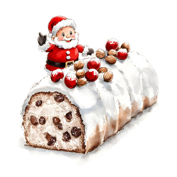 recommend clip art: A super cute cartoon chubby Santa clause Climb up the big Stollen - A German fruit bread filled with marzipan, nuts, and dried fruits, dusted with powdered sugar clipart, watercolor