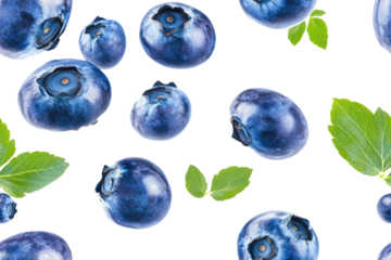 flying blueberry fruits with leaves seamless pattern tile isolated on white or transparent png