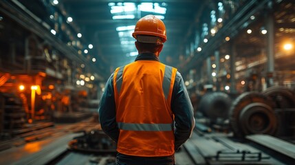 A man in a safety vest stands in a large industrial building