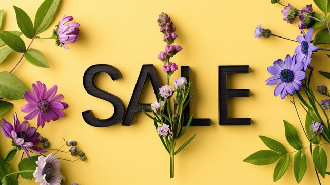 A vibrant floral arrangement creatively spells out the word SALE against a bright yellow background, showcasing spring-inspired colors for seasonal promotions and marketing