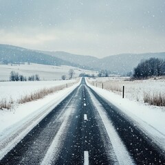 Obraz premium scenic veiw of empty road with snow covered landscape while snowing in winter season.
