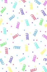 seamless background with confetti, pattern with symbols, seamless pattern with tape and confetti, seamless pattern with tape, colorful background, party background, birthday background, white