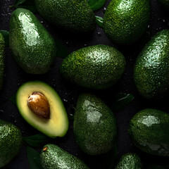 Fresh avocados avocado green adorned with glistening water droplets