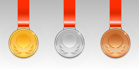 Gold, silver and bronze medal with laurel wreath pattern on red ribbon. Realistic 3d vector set of championship awards and trophy. glossy shiny round reward badge. Contest or tournament achievement.
