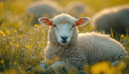 Sheep resting in a meadow, with soft wool and a peaceful expression, Serene, Bright, Detailed