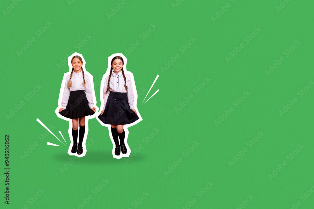 Canvas Prints Composite photo collage of two happy school classmates girls dance show skirt uniform september fall isolated on painted background