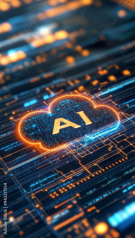 Poster ai cloud computing representing artificial intelligence on a futuristic circuit board design.