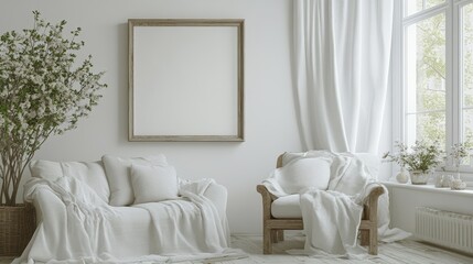Fototapeta premium Minimalist white living room with linen sofa, wooden furniture, mockup frame and window, 3d render