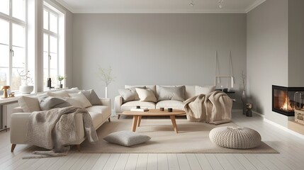A Scandinavian, hygge-style living room with a beige sofa, a few woolen blankets, and a beige rug, a grey wall, a floor, a fireplace, wooden coffee table and large windows.