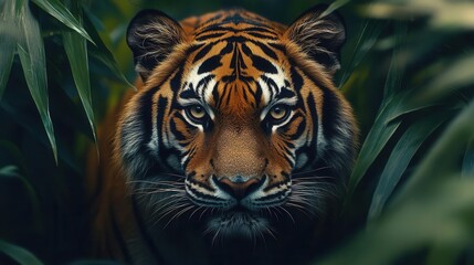 Fototapeta premium Tiger prowling through a dense jungle, with an intense and focused gaze, Intense, Cool Tones, Detailed