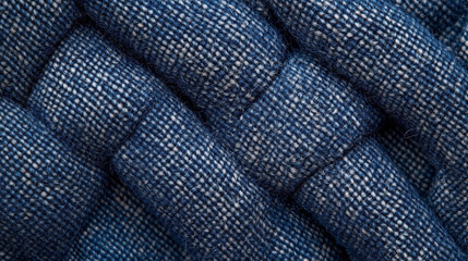 Close-up of interwoven blue fabric texture showing detailed stitches and fibers.