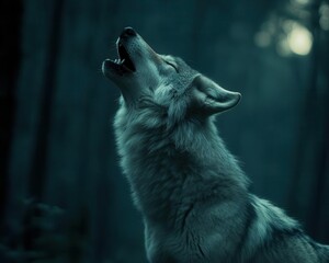 Wolf howling at the moon in a dark forest, with a mysterious and intense atmosphere, Mysterious, Cool Tones, Atmospheric