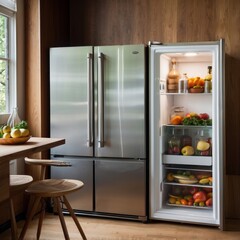 Modern Stainless Steel Refrigerator with Open Door and Fresh Produce Inside