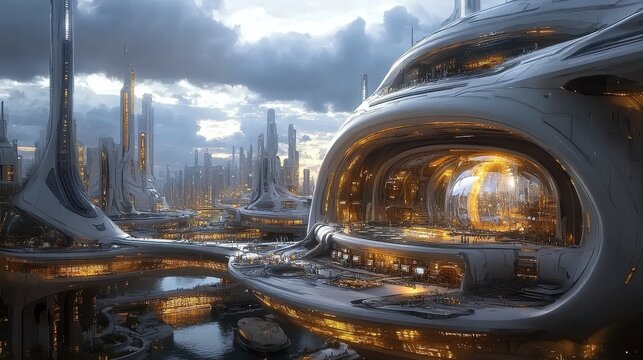 AIcontrolled metropolis, futuristic architecture, innovative technology, holographic displays.