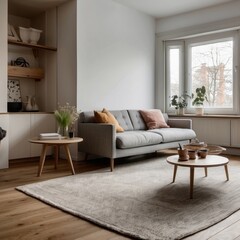 Fototapeta premium Modern Living Room with Grey Sofa, Wooden Coffee Table, and Area Rug