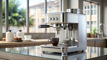 Sleek, modern automatic espresso machine with stainless steel body and chrome accents, sitting on a clean kitchen counter, ready to brew a perfect cup.
