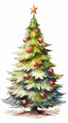 Fototapeta premium Festive Watercolor Christmas Tree on White: Elegant Holiday Design for Marketing and Celebrations. Minimalist Artistic Illustration with Copy Space, Perfect for Greeting Cards, Posters, and Seasonal A