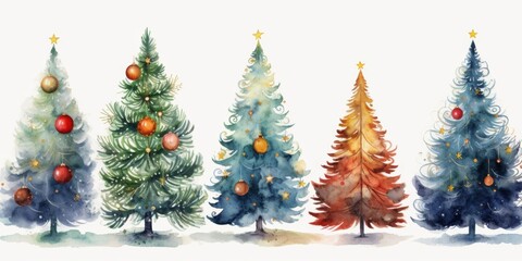 Obraz premium Festive Watercolor Christmas Tree on White: Elegant Holiday Design for Marketing and Celebrations. Minimalist Artistic Illustration with Copy Space, Perfect for Greeting Cards, Posters, and Seasonal A