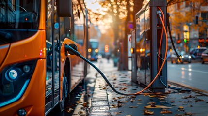 Electric Bus Charging at Solar Powered Station in City at Sunset