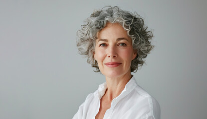 Portrait of beautiful natural mature woman with grey hair