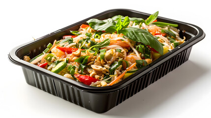 Black plastic rectangular container of Thai food isolated white background