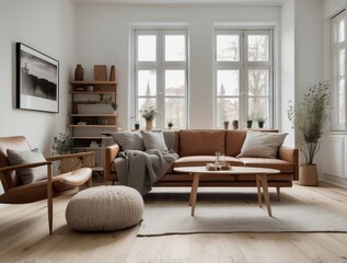 Modern Living Room with Leather Sofa, Wooden Accents, and Plants
