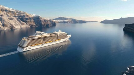 Fototapeta premium A large cruise ship glides smoothly over the calm, blue waters near Santorini, showcasing its spacious design and stunning rooftop pool. The serene landscape offers a perfect travel escape