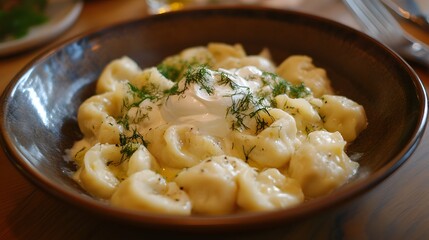 91. A dish of Russian pelmeni (dumplings) with sour cream