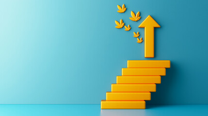 A vibrant yellow staircase rises against a soft blue backdrop, with small green leaves drifting upward, representing growth, aspiration, and creativity in a dynamic environment