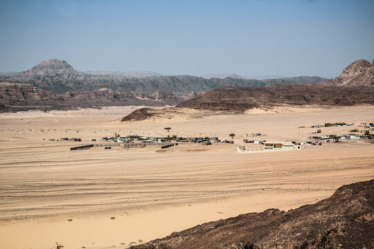 Desert settlement Dahab Egypt. Sinai Peninsula or Sinai. Dahab, Sinai Peninsula, Egypt, Mountains in the Sinai desert        