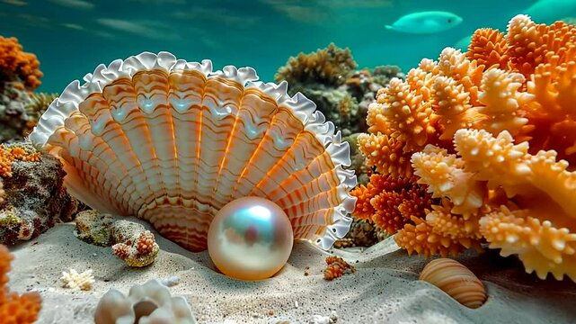 Explore the vibrant coral reef habitat featuring a giant shell and a glistening pearl beneath clear blue waters