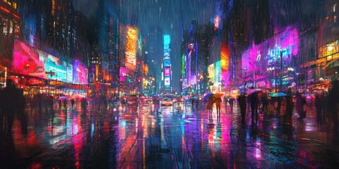 Fototapeta premium Neon-lit city street with rain and people.