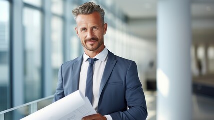 A male engineer with neatly styled hair, holding a rolled-up architectural plan, 