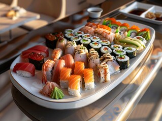 Elegant Sushi Platter with Colorful Rolls, Nigiri, and Sashimi on a Modern Table
