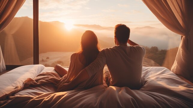 Couple in bed in the morning, couple waking up