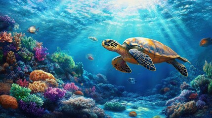 Fototapeta premium Sea Turtle in a Vibrant Coral Reef