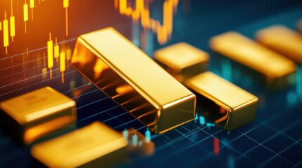 A close-up view of shiny gold bars and digital stock market graphs, symbolizing wealth and investment opportunities.