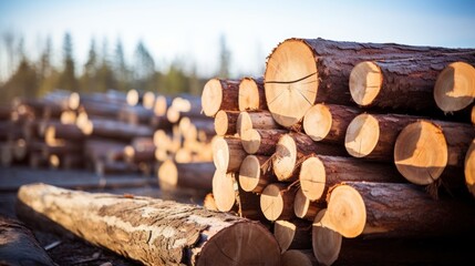 A pile of log trunks stacked neatly in a logging timber yard 