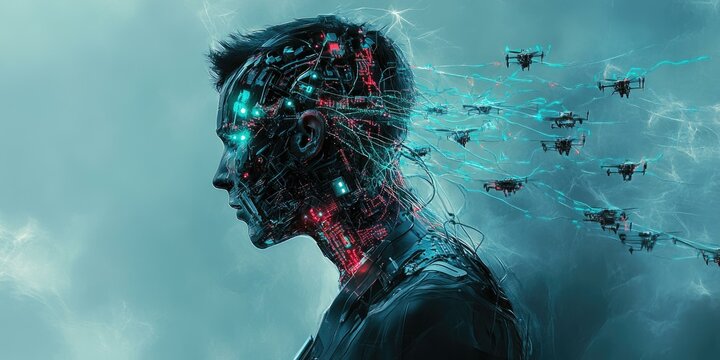 A robotic human with drones flying away.