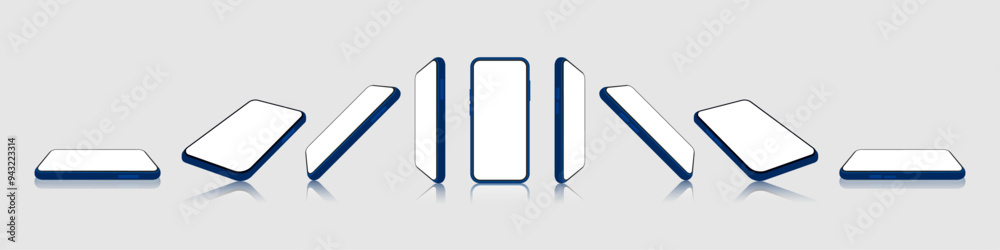 Poster 3d smartphone mockup. multiple angles and screen. front, perspective side view template. vector.